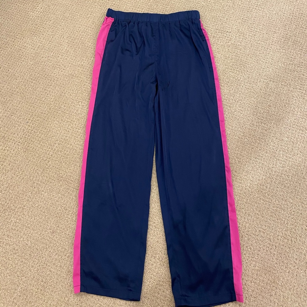Blue satin pants with pink stripe